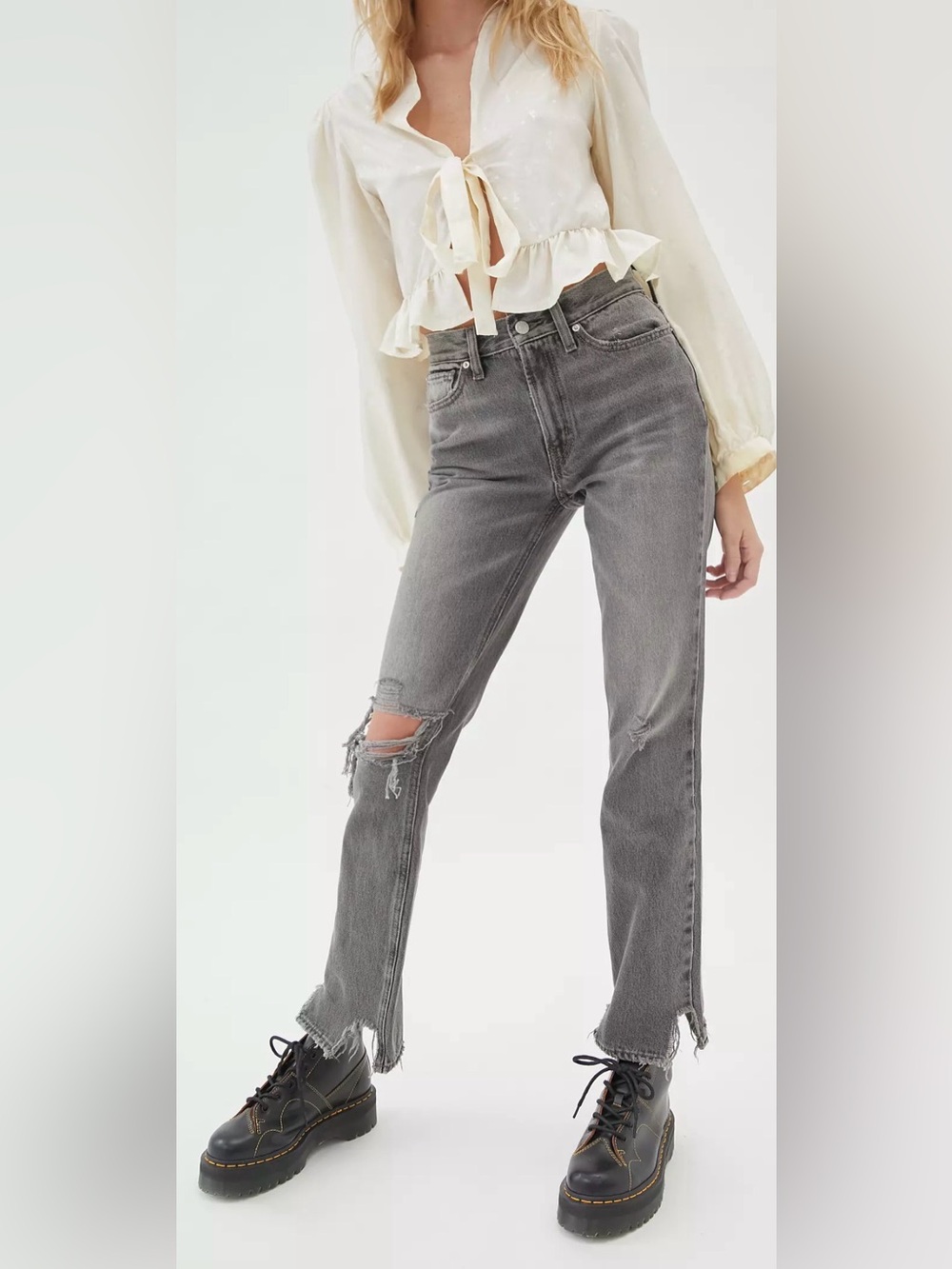 Mid Rise Bootcut Jeans In Destroyed Gray - Picture 2 of 7